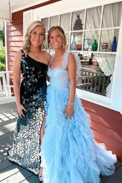 Princess Ruffle Straps Light Sky Blue Tulle Tiered Long Prom Dresses GP351