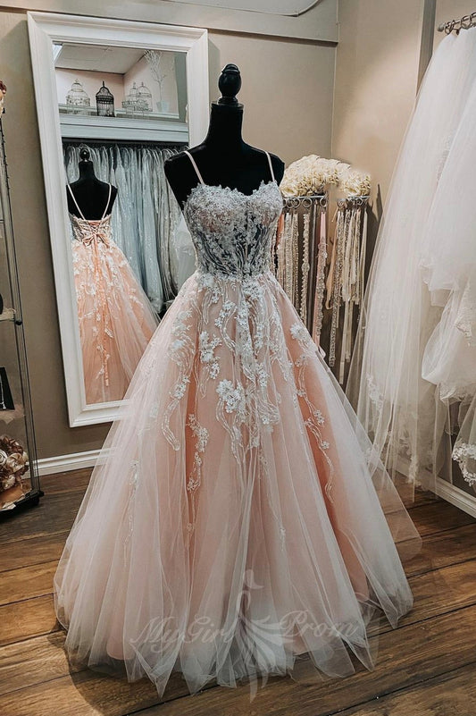 Princess Sweetheart Lace Tulle Long Prom Dresses, A-Line Pink Formal Dresses GP704