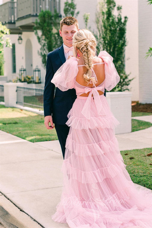 Princess Two-Piece Puffy Sleeves Pink Prom Dresses, Layers Tulle Graduation Dress with Slit GP593