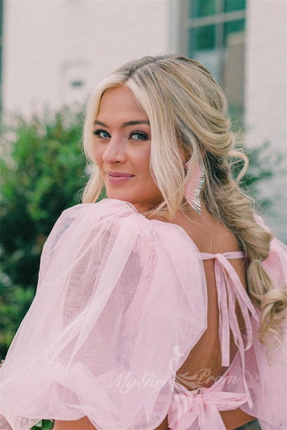 Princess Two-Piece Puffy Sleeves Pink Prom Dresses, Layers Tulle Graduation Dress with Slit GP593