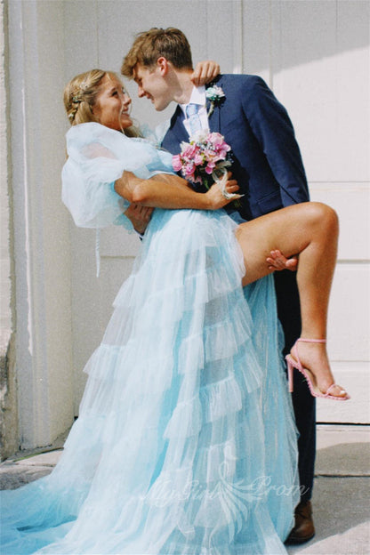 Princess Two-Piece Puffy Sleeves Pink Prom Dresses, Layers Tulle Graduation Dress with Slit GP593