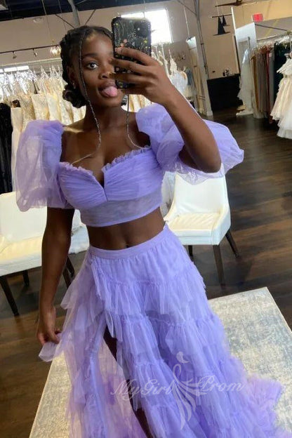 Princess Two-Piece Puffy Sleeves Pink Prom Dresses, Layers Tulle Graduation Dress with Slit GP593