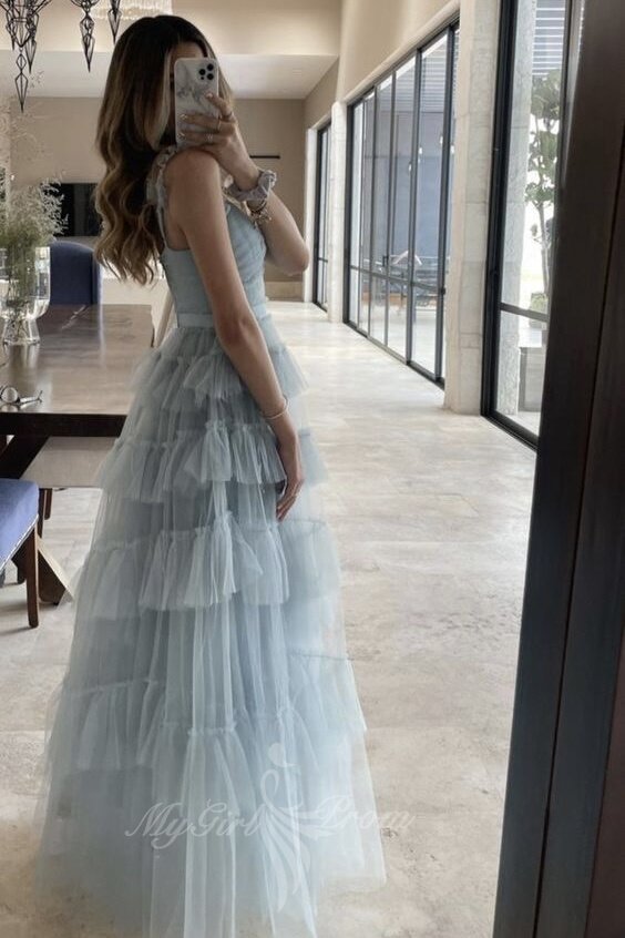 Princess V-Neck Black Tulle A-Line Layered Prom Dress, Long Formal Gown GP598