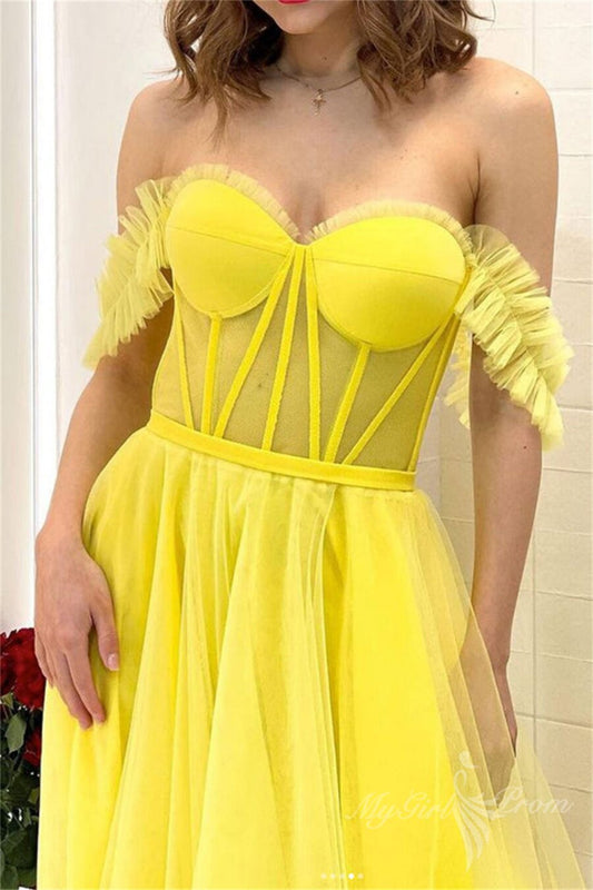 Princess Yellow Off The Shoulder Tulle Long Prom Dress Evening Dress GP494