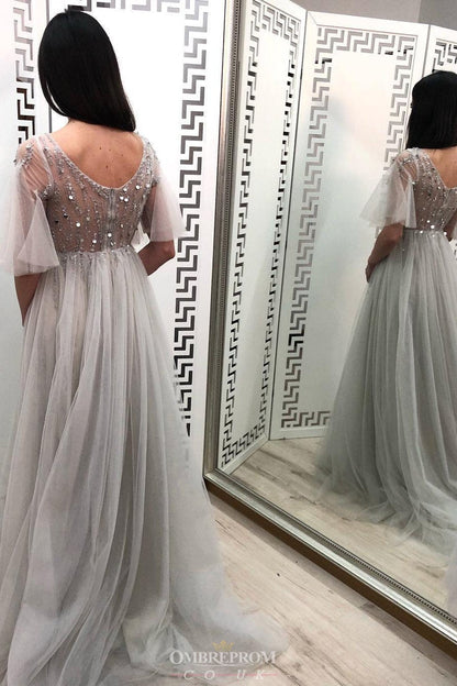 Princess Long Prom Dress With Half Sleeves V-neck Beaded Party Gown GP24