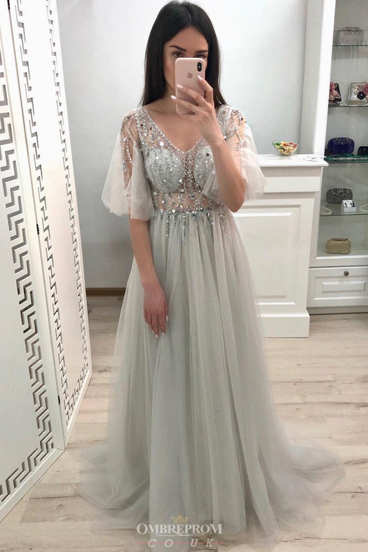 Princess Long Prom Dress With Half Sleeves V-neck Beaded Party Gown GP24