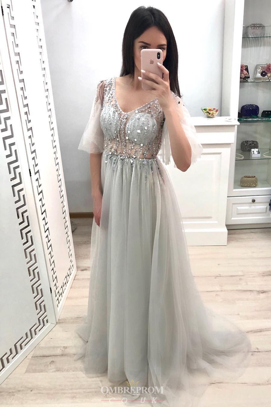 Princess Long Prom Dress With Half Sleeves V-neck Beaded Party Gown GP24