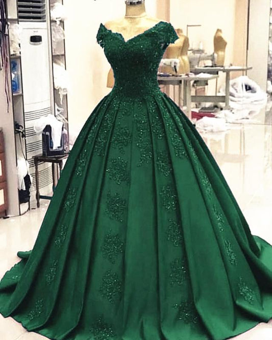 Vestido de fiesta verde de satén con cuello en V y encaje, vestido formal de quinceañera.