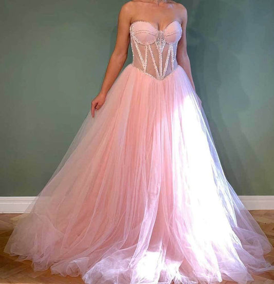 Vestido de fiesta rosa claro de corte A, vestidos de noche largos con cuentas de corteza 