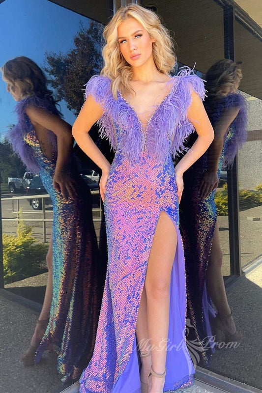 Purple Iridescent Sequin Feather Long Prom Dress Evening Gown with Slit GP482