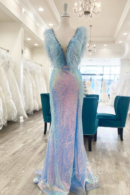 Purple Iridescent Sequin Feather Long Prom Dress Evening Gown with Slit GP482