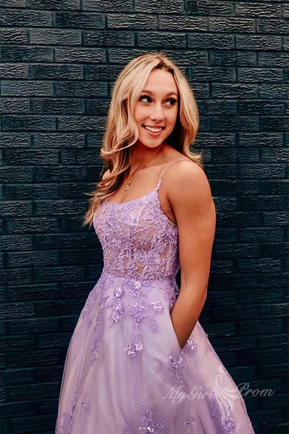 Purple Lace Floral Long Prom Dresses Sleeveless Formal Evening Dress GP465