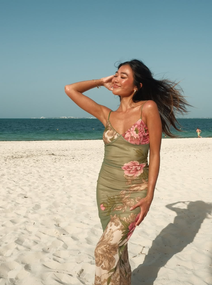 Retro Green Print Floral Strapless Satin Long Outfit Party Dress Vacation Dress Birthday Dress SH3518