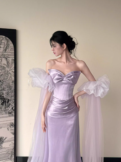 Romantic Purple Mermaid Bow Satin Tulle Long Prom Dress Formal Dress SH3666