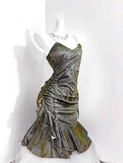 Vintage Green Spaghetti Strap Ruffled Hem Hem Short 16th Birthday Party Dress Homecoming Dress TP4038