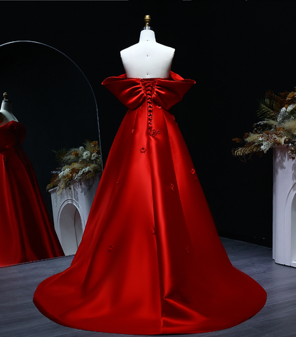 Elegant A Line Off the Shoulder 3D Flower Red Satin Prom Dress Evening Dress SH2378