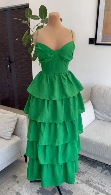 Green Spaghetti Straps Layered Long Prom Dress gh2860