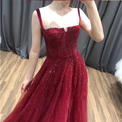 Burgundy sequins long prom dress evening dress  8976