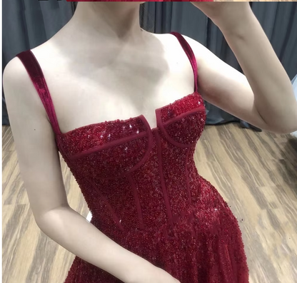 Burgundy sequins long prom dress evening dress  8976