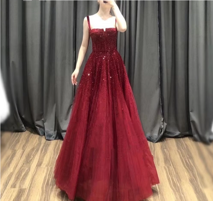 Burgundy sequins long prom dress evening dress  8976