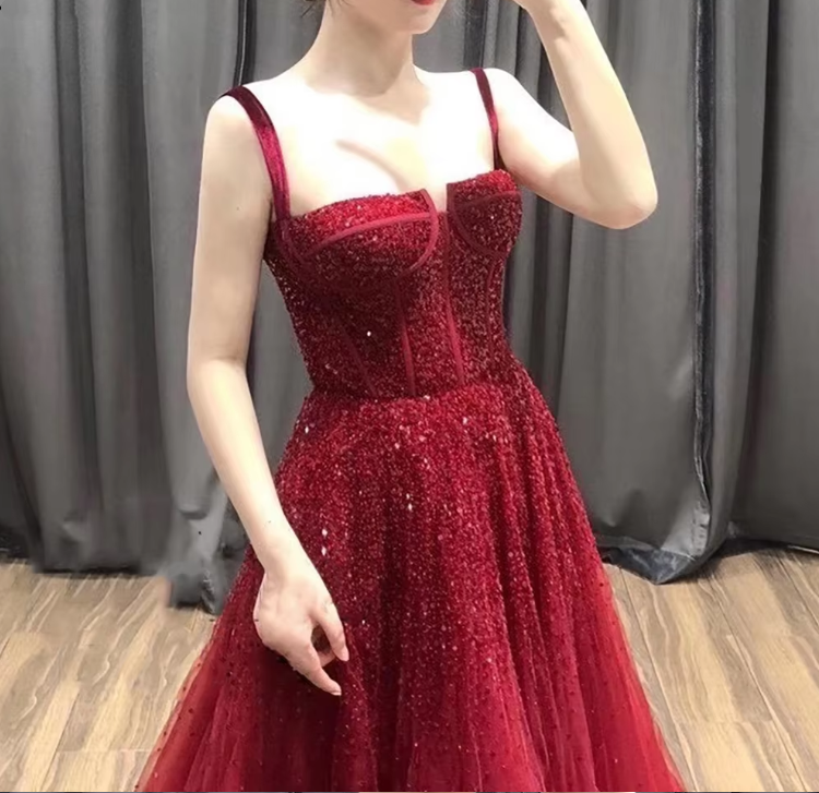 Burgundy sequins long prom dress evening dress  8976