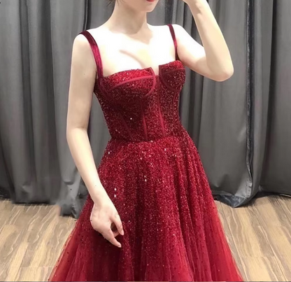 Burgundy sequins long prom dress evening dress  8976