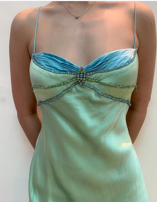 Green Vintage Fashion Beaded Spaghetti Straps Long satin Formal Prom Dress, Evening Dress, Party Dress gh3501