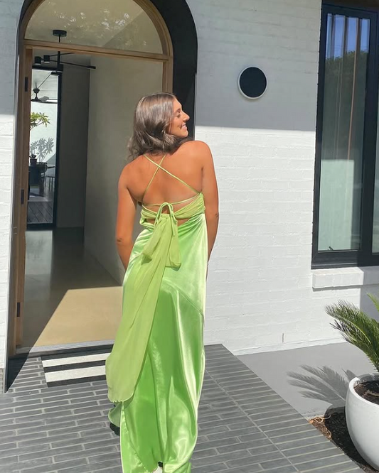Green Fashion Elegant Spaghetti Strap Long Satin Ball Gown Evening Dress Wedding Guest Birthday Party Dress Prom Dress gh3762