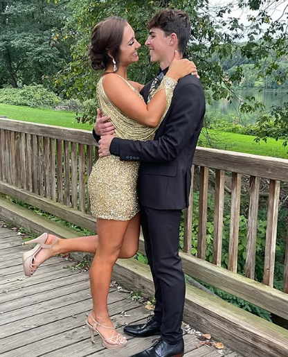 Gold Sequin One-Sleeve Short Homecoming Dress  gh1782