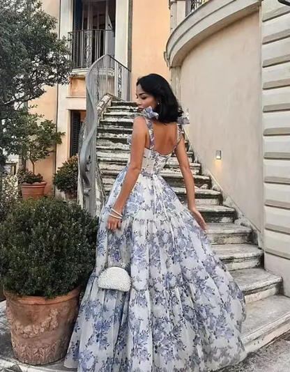 Blue white beautiful charming floral print sweetheart neckline A-line long chiffon ball gown evening dress wedding holiday party dress gh1790