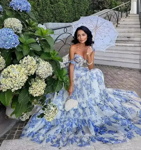 Blue white beautiful charming floral print sweetheart neckline A-line long chiffon ball gown evening dress wedding holiday party dress gh1790