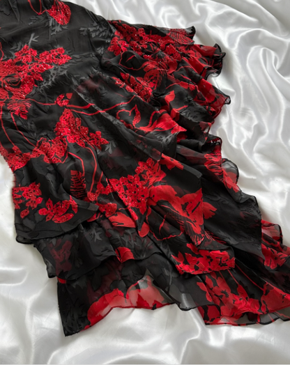 black red floral beaded long chiffon ball gown evening dress elegant chiffon birthday dress party dress gh4446