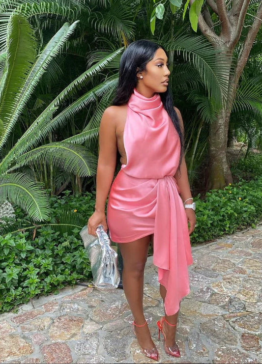 Retro Rose Pink Halter Dress Design A-line Satin Party Dress Homecoming Dress TP4095