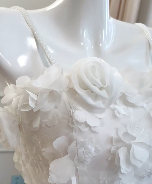 shopuniqlos -White three-dimensional flower tube top sweet cute short chiffon homecoming dress birthday party dress gh5098