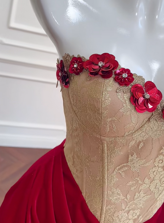 shopuniqlos -Red vintage velvet floral short homecoming dress birthday party dress Prom dress gh5102