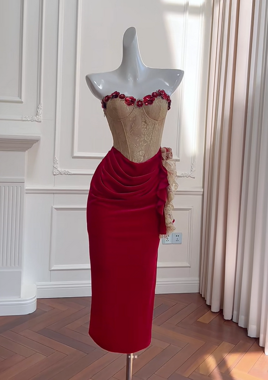 shopuniqlos -Red vintage velvet floral short homecoming dress birthday party dress Prom dress gh5102