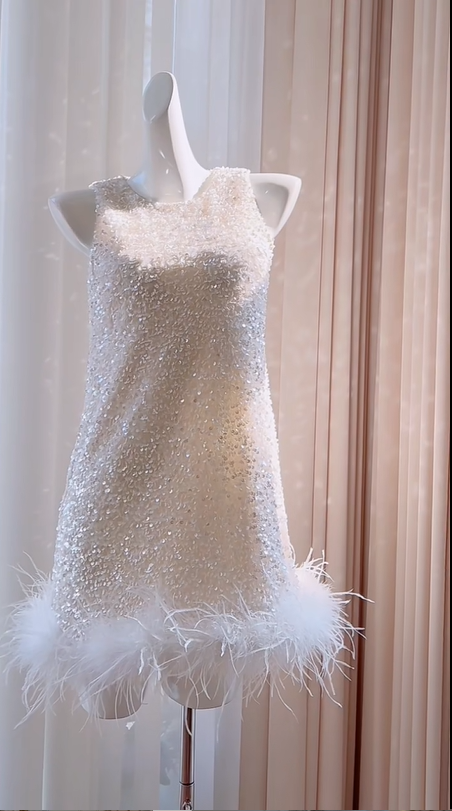 shopuniqlos -White shiny sequined feather short homecoming dress birthday party dress Prom dress gh5103