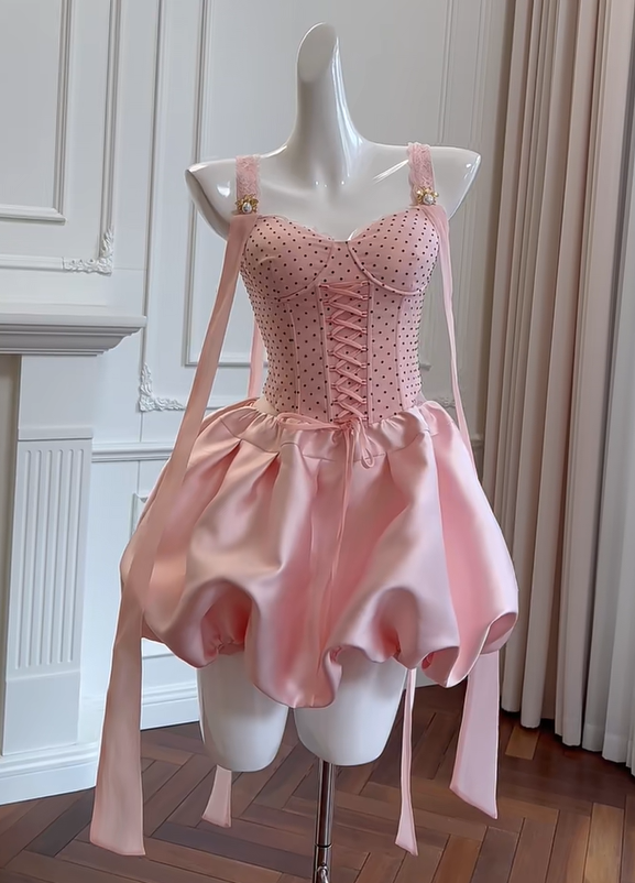 shopuniqlos -Cherry Blossom Pink Bud Short Satin Lace Homecoming Dress Birthday Party Dress Prom Dress gh5104