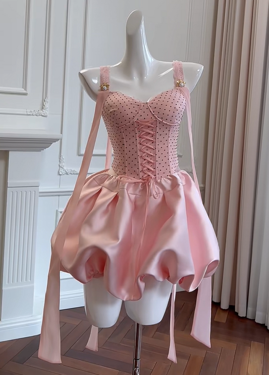 shopuniqlos -Cherry Blossom Pink Bud Short Satin Lace Homecoming Dress Birthday Party Dress Prom Dress gh5104