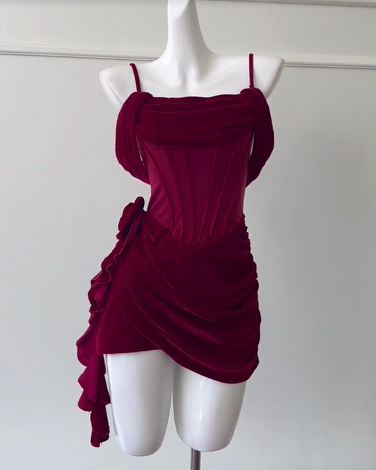 shopuniqlos -Burgundy velvet sling fishbone slim waist short homecoming dress birthday party dress Prom dress gh5105