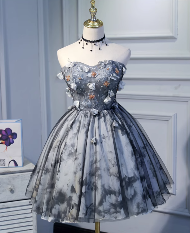 Elegant Gray 3D Flowers Design A-line Mesh Strapless Short Homecoming Dress TP3459