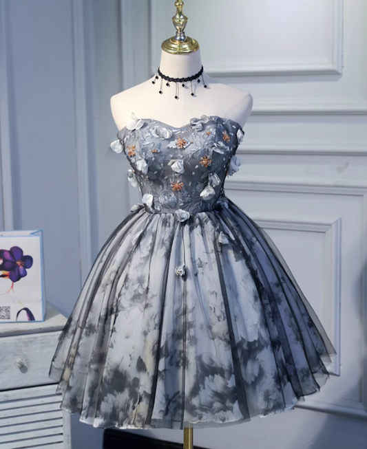Elegant Gray 3D Flowers Design A-line Mesh Strapless Short Homecoming Dress TP3459