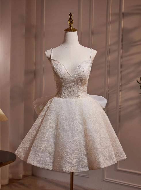 Elegant Beige Embroidery Design A-line Bow Spaghetti Strap Short Homecoming Dress TP3461