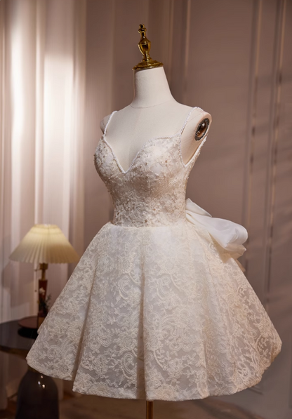 Elegant Beige Embroidery Design A-line Bow Spaghetti Strap Short Homecoming Dress TP3461