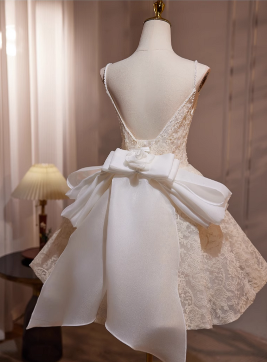 Elegant Beige Embroidery Design A-line Bow Spaghetti Strap Short Homecoming Dress TP3461