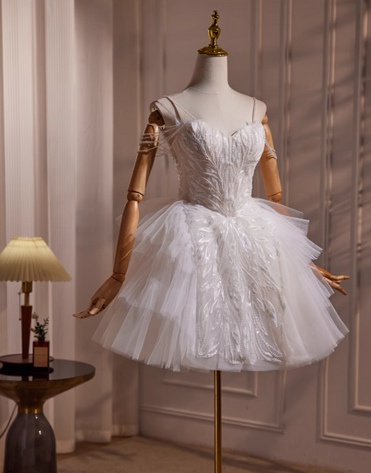 Elegant White Beaded Design Party Dress A-line Spaghetti Strap Short Homecoming Dress TP3462