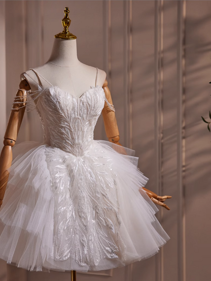 Elegant White Beaded Design Party Dress A-line Spaghetti Strap Short Homecoming Dress TP3462