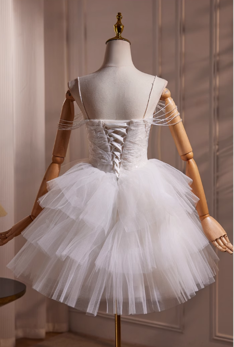 Elegant White Beaded Design Party Dress A-line Spaghetti Strap Short Homecoming Dress TP3462