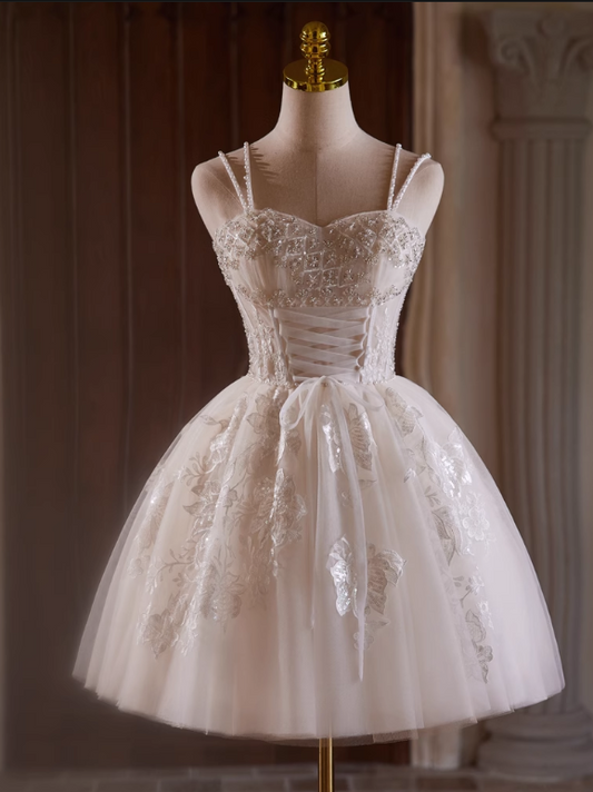 Elegant Beige Embroidery Beaded Design A-line Spaghetti Strap Short Homecoming Dress TP3464