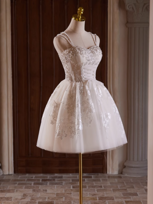 Elegant Beige Embroidery Beaded Design A-line Spaghetti Strap Short Homecoming Dress TP3464